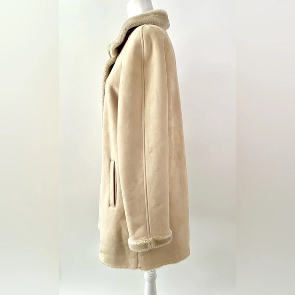 LARRY LEVINE | Faux Suede Shearling Fur Tan Beige Mid Length Coat Size Medium - Picture 5 of 10